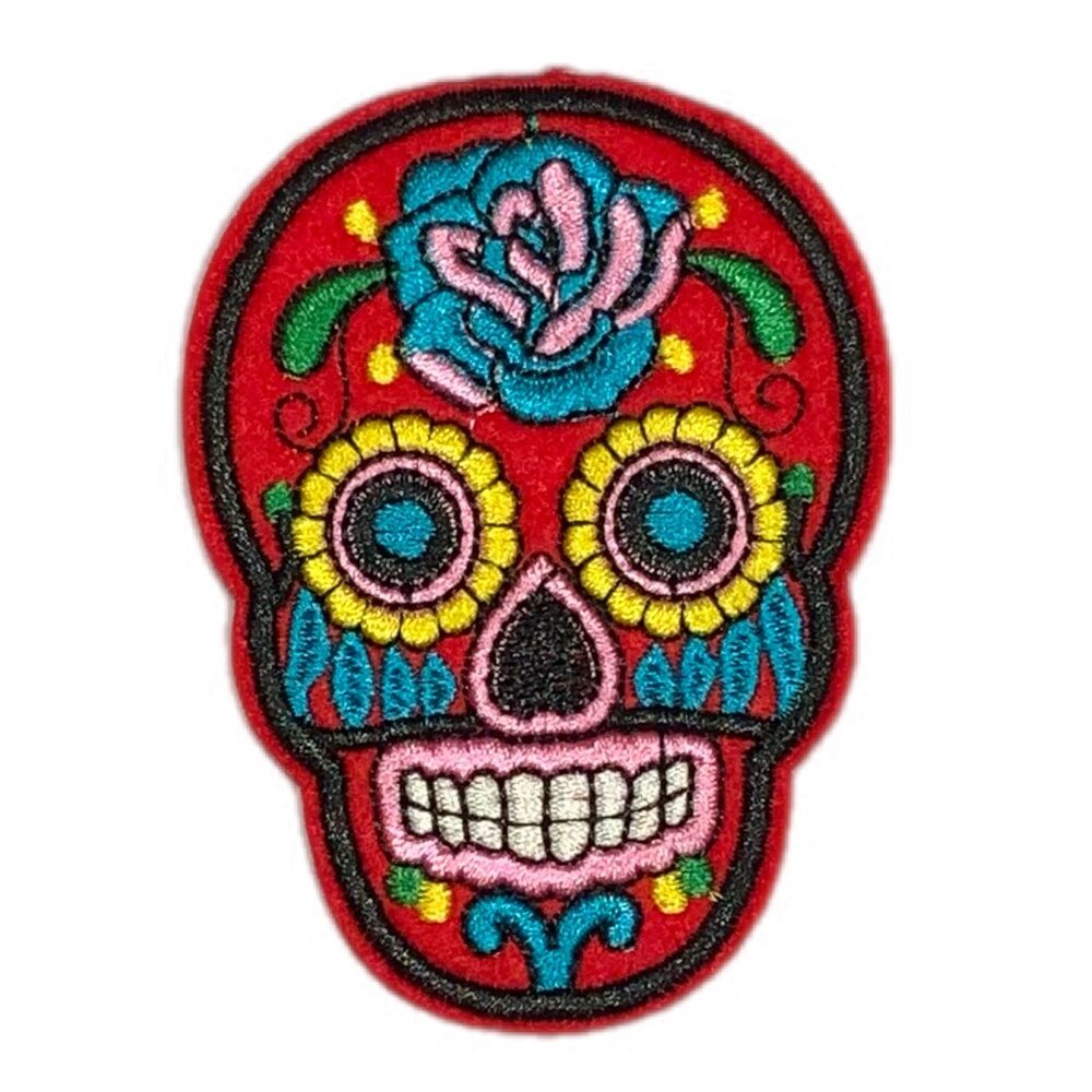 Red Rose Sugar Skull Iron On Patch Dia de los Muertos Embroidered